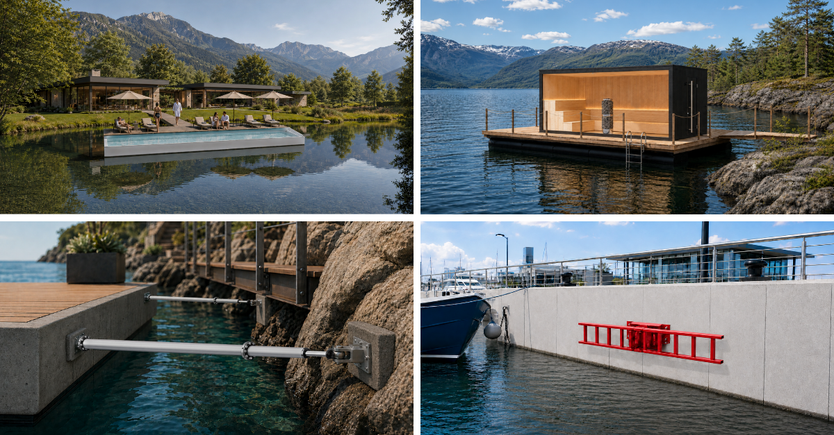Products_mini pool, floating saunas, arm mooring, safety ladder