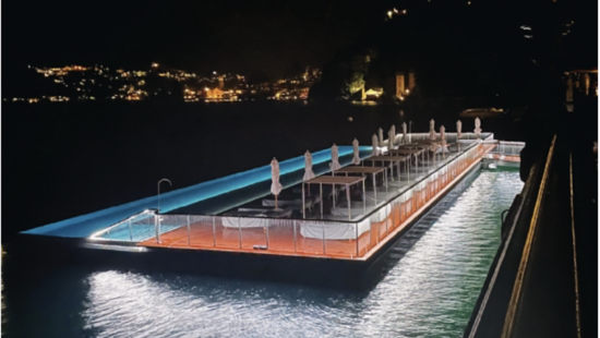 Floating Pool at Lake Como at night